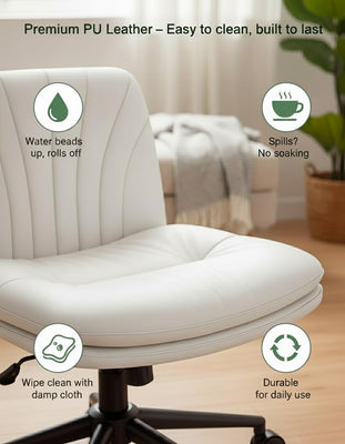 Armless-Office Desk Chair with Wheels: PU Leather Cross Legged Wide Chair,Comfortable Adjustable Swivel Task Chairs for Home,Office,Make Up,Small Space,Bed Room(Light Beige)