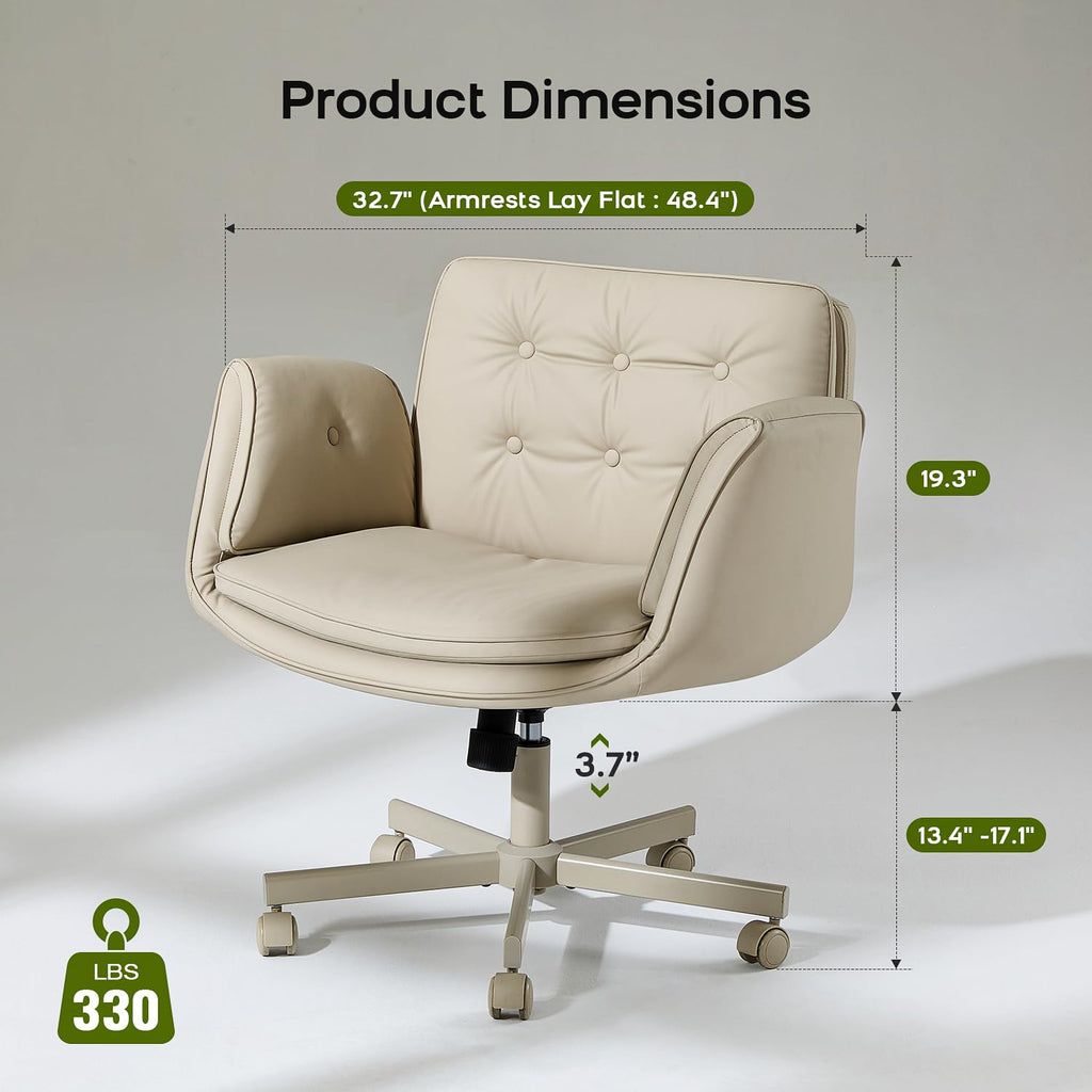 Criss Cross Office Chair, PU Leather Vanity Chair with 5-Level Adjustable Armrests & Swivel, Ergonomic Criss Cross Chair for Home Office Bedroom Makeup（Cream）