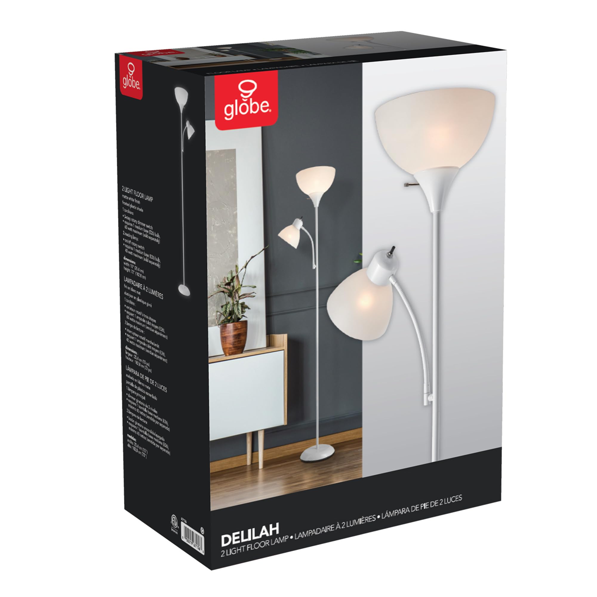 72" Torchiere Floor Lamp with Adjustable Reading Light, Matte White Finish, Frosted Shades, Rotary Switch on Socket, E26 Base