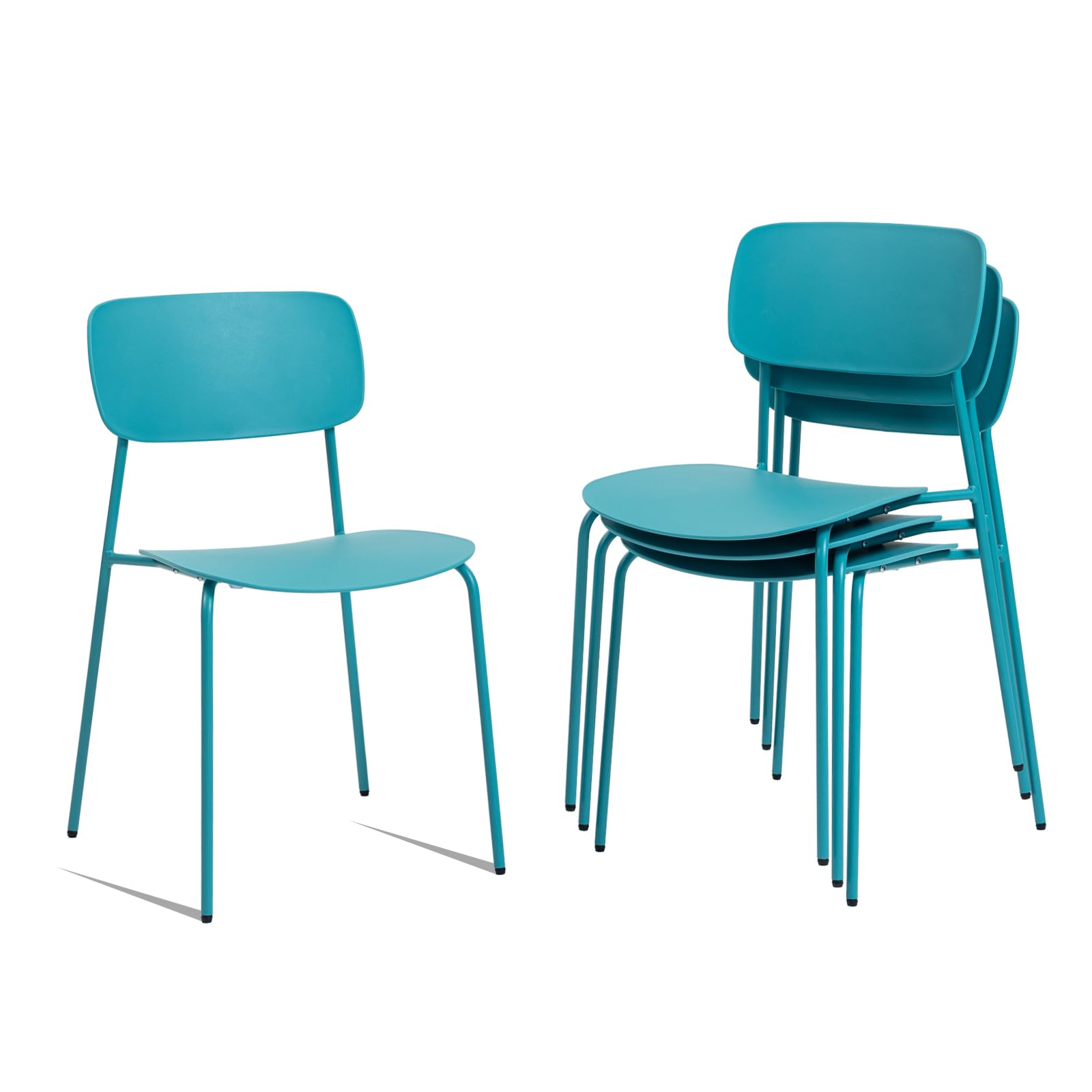 Armless Stacking Chairs Set of 4, Office Waiting Room Chairs with Metal Legs and Ergonomic Plastic Seat, Metal Chairs Set of 4 for Conference Reception Dining Room, Blue