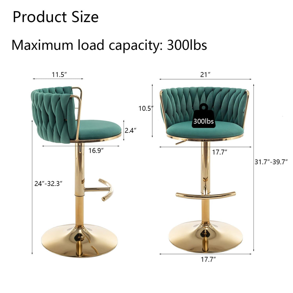 Gold Velvet Bar Stools Set of 6, Swivel Counter Height Bar Stools with Back, Adjustable Woven Barstools for Kitchen Island, Pub, Club (Green)