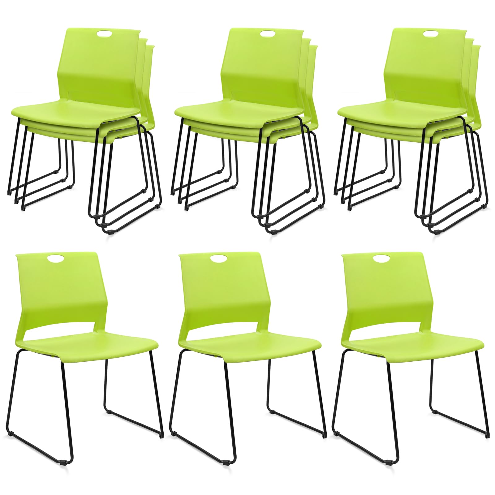 Set of 12, Green, Stackable Guest Reception Chairs, Stacking Office Chair with Ergonomic Lumbar Support & Metal Legs, Plastic Desk Chairs for Conference School Church Waiting Meeting Break Room