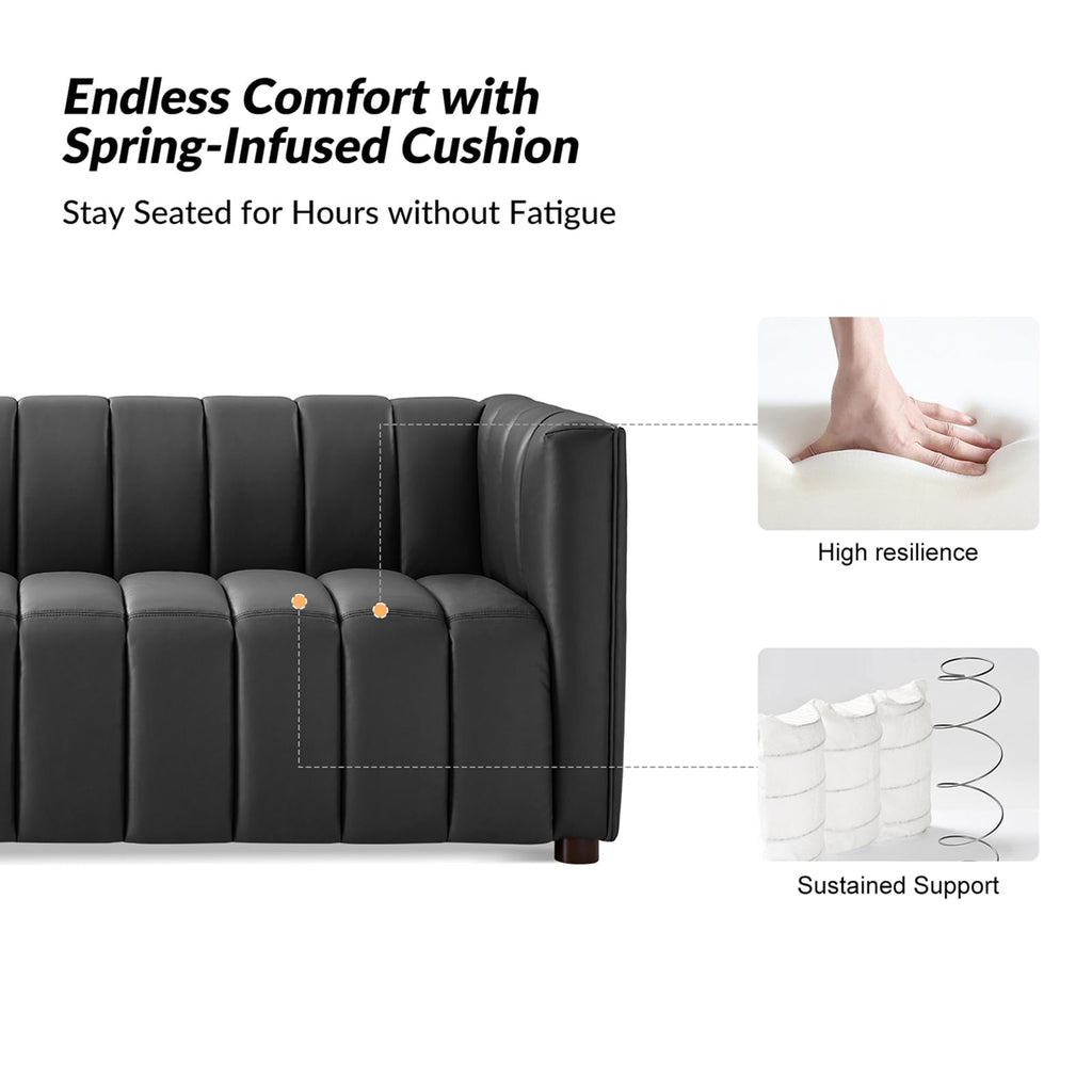 83" Genuine Leather Sofa with Channel Tufted Design, 3-Seater Sofa for Living Room Bedroom, Modern Oversized Couch with Wood Legs, Charcoal
