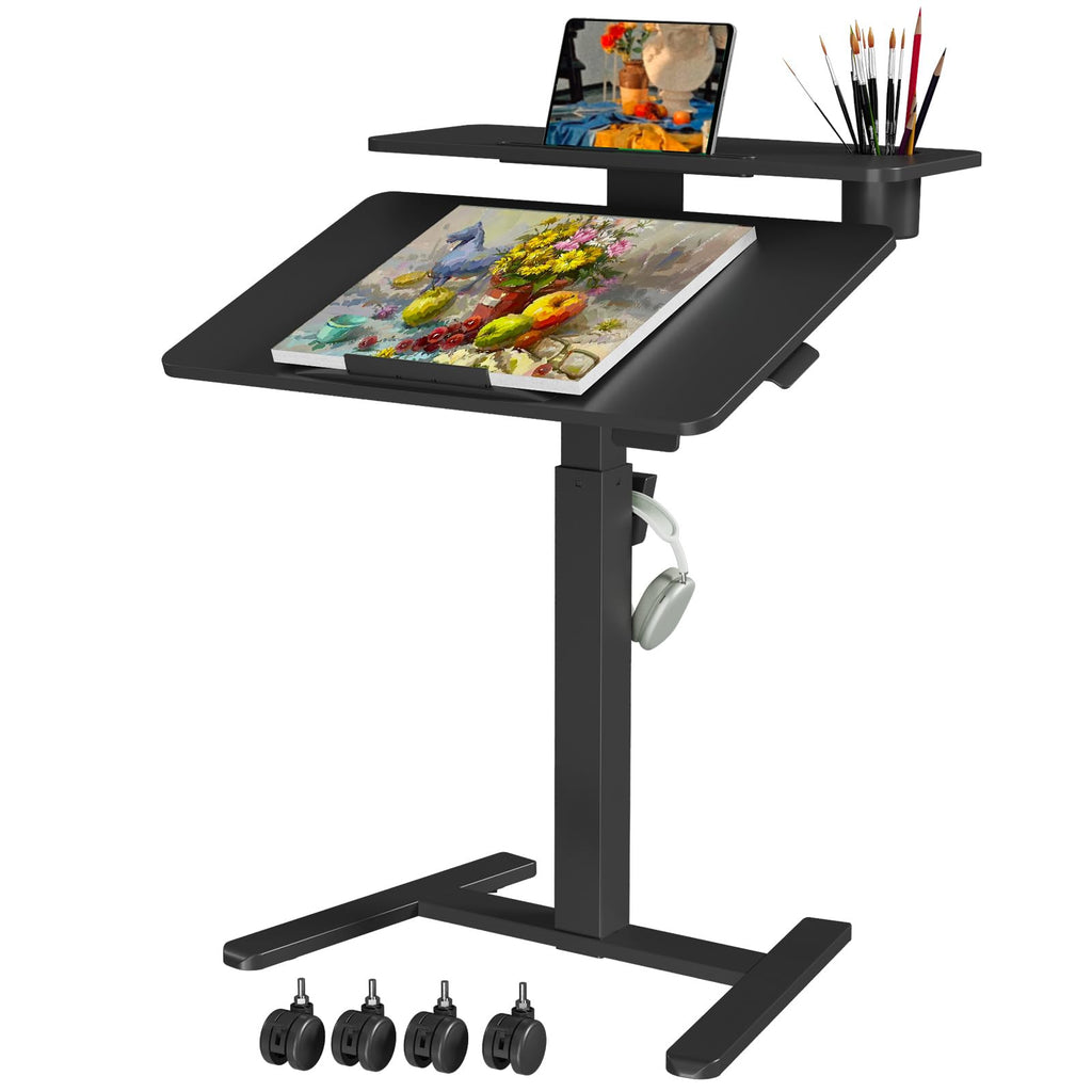 28Inch Rolling Standing Desk On Wheels， Small Computer Workstation Adjustable Height， Mobile Laptop Stand with Tiltable Desktop， 2-Tier Portable Study Table with Storage Shelves， Black
