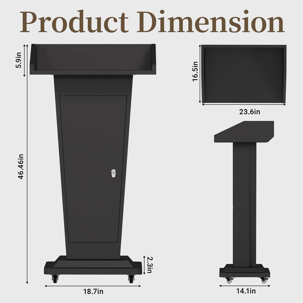 Heavy-Duty Black Metal Podium Stand with Lockable Wheels | Mobile Lectern with Storage Cabinet & Standard 50.4" Height | for Conference Rooms, Churches, Classrooms & Events