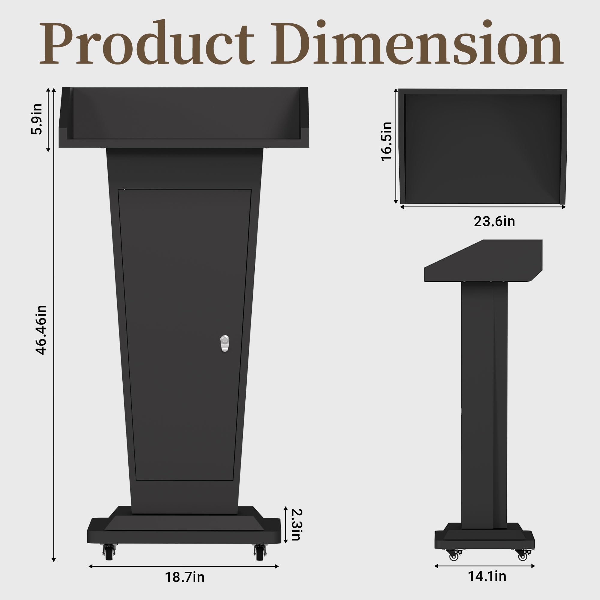 Heavy-Duty Black Metal Podium Stand with Lockable Wheels | Mobile Lectern with Storage Cabinet & Standard 50.4" Height | for Conference Rooms, Churches, Classrooms & Events