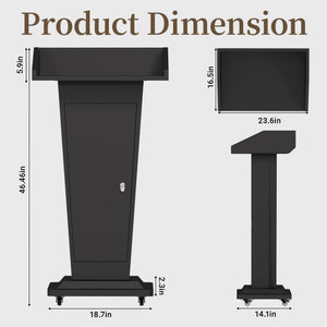 Heavy-Duty Black Metal Podium Stand with Lockable Wheels | Mobile Lectern with Storage Cabinet & Standard 50.4