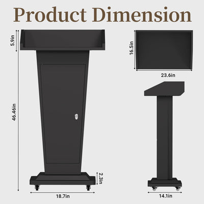 Heavy-Duty Black Metal Podium Stand with Lockable Wheels | Mobile Lectern with Storage Cabinet & Standard 50.4