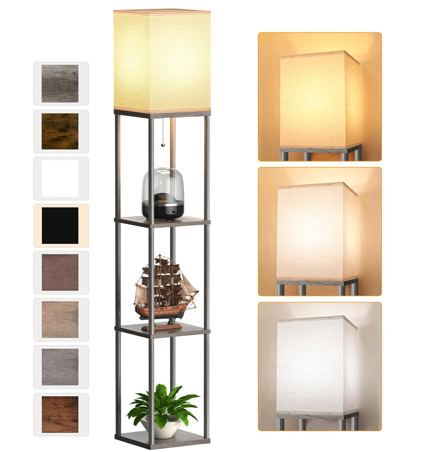 Floor Lamp with Shelves for Living Room Oak Gray, Shelf Floor Lamp with 3 CCT LED Bulb, Corner Display Standing Column Lamp Etagere Organizer Tower Nightstand with White Linen Shade for Bedroom Office