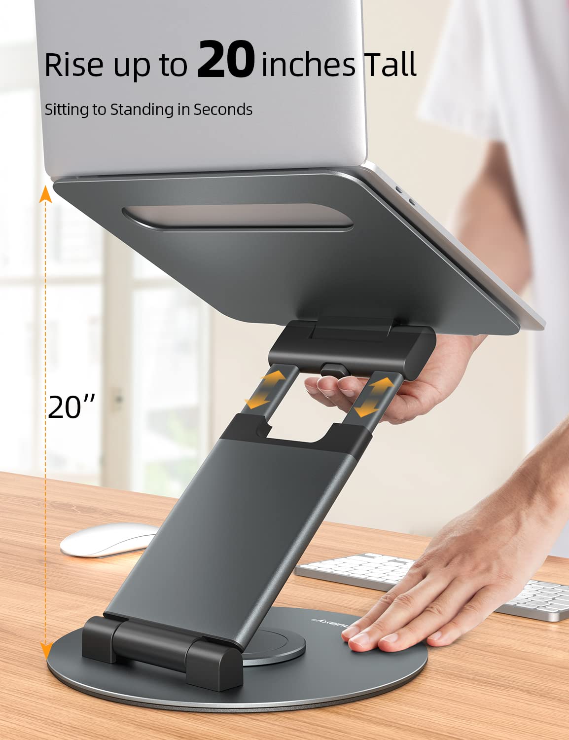 360 Rotating Laptop Stand for Desk Adjustable Height Swivel Pull Out Design Ergonomic Laptop Riser Standing Desk Converter Fits All 10-17" Laptops Computer MacBook, Gray