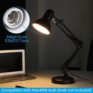 Metal Desk Lamp with Clamp, Swing Arm, Architect Adjustable Gooseneck Table Lamp, Clip Desk Lights for Home Office, Work, Study, Reading, E26 Base, Multi-Joint, Black