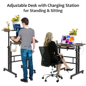 Mobile Standing Desk with Wheels, Rolling Desk Adjustable Height, Portable Laptop Table with Charging Station, Sit Stand up for Home Office, Study, Classroom, Rustic Brown