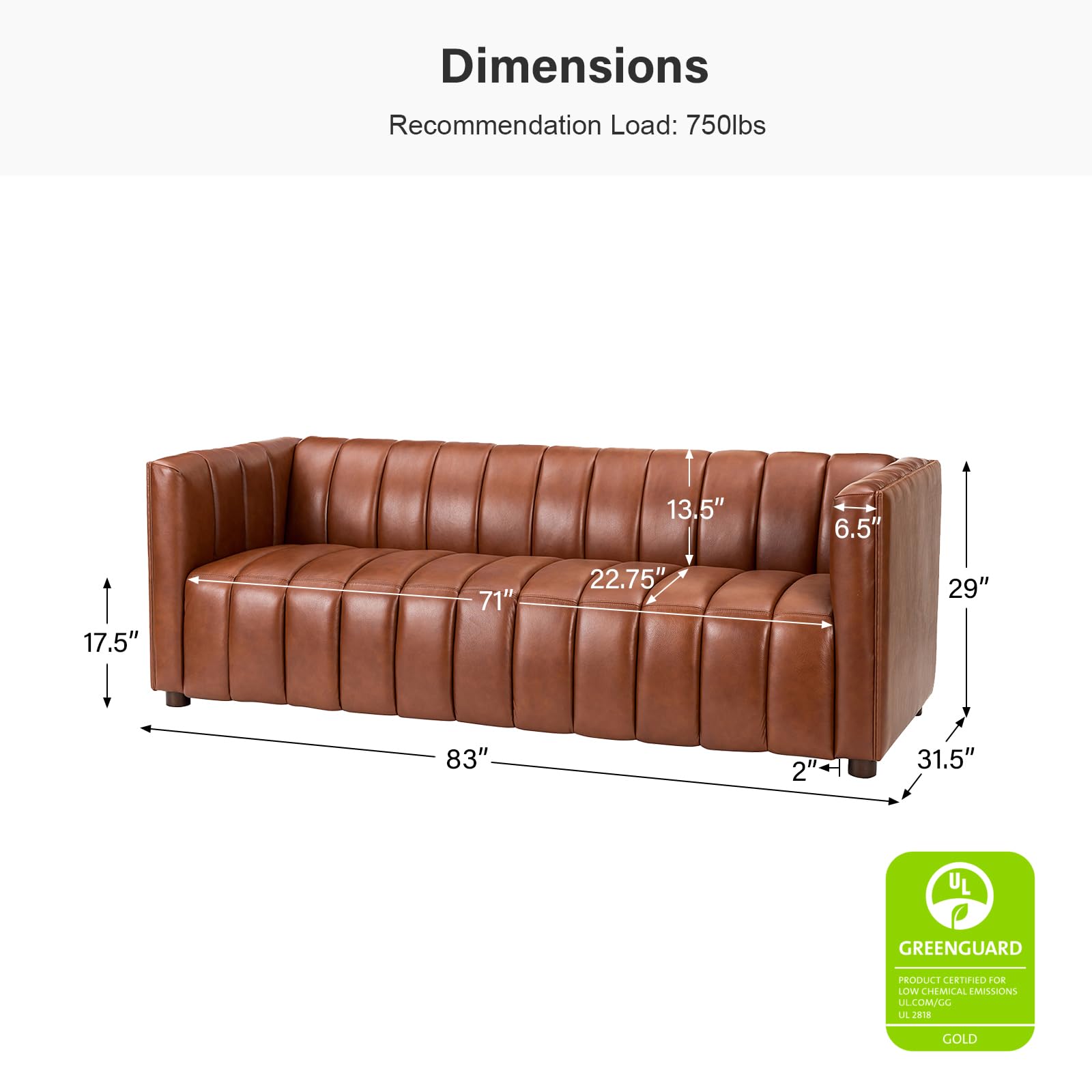 83" Genuine Leather Sofa with Channel Tufted Design, 3-Seater Sofa for Living Room Bedroom, Modern Oversized Couch with Wood Legs, Brown