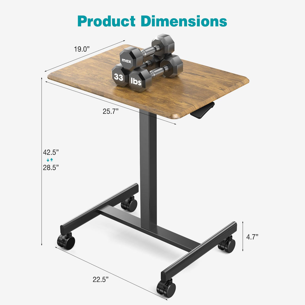 Mobile Small Standing Desk, Portable Rolling Laptop Desk with 2 Lockable Wheels, Adjustable Height Computer Workstation for Home Office, 19 Inch Brown