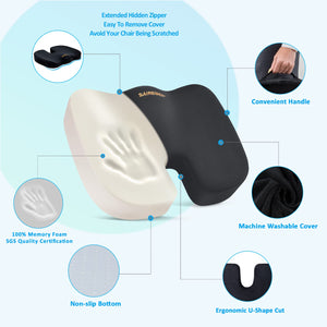 Seat Cushion and Lumbar Support Pillow for Office Chair, Memory Foam Car Seat Cushions Back Support Pillows, Help Relieve Pain of Back, Lumbar, Tailbone and Sciatic Nerve（Black）