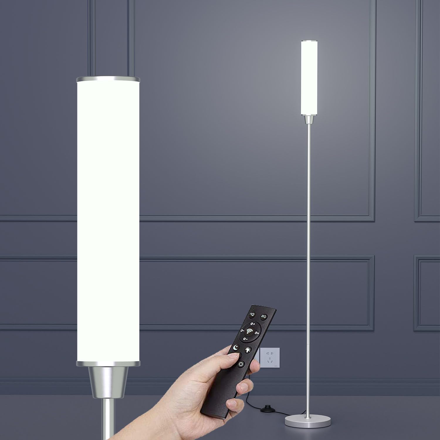 Floor Lamp with Remote Control,Bright Floor Lamps for Living Room/Bedroom/Office, Stepless Adjustable 3000K-6000K Colors and 10-100% Brightness,Standing Light with Foot Switch (Nickel)
