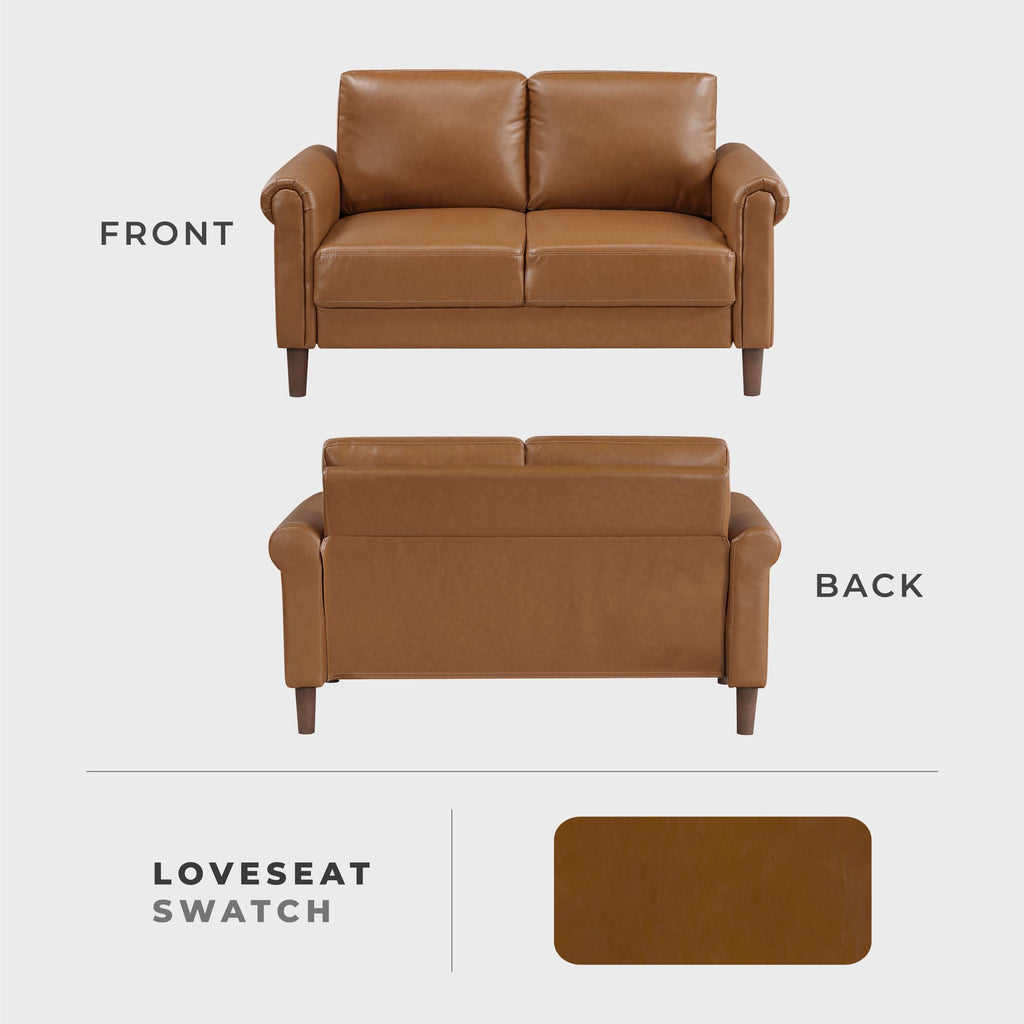 57" W Faux Leather Loveseat Sofa, Upholstered 2-Seater Couch with Rolled Armrest & Wood-Look Feet, Traditional Small Space Living Room, Office or Waiting Room Seating - Brown