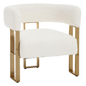 Modern Barrel Accent Chair, Boucle Fabric Living Room Chair with Gold Metal Legs, Comfy Upholstered Single Sofa Armchair Side Chair for Lounge/Bedroom/Reading, White