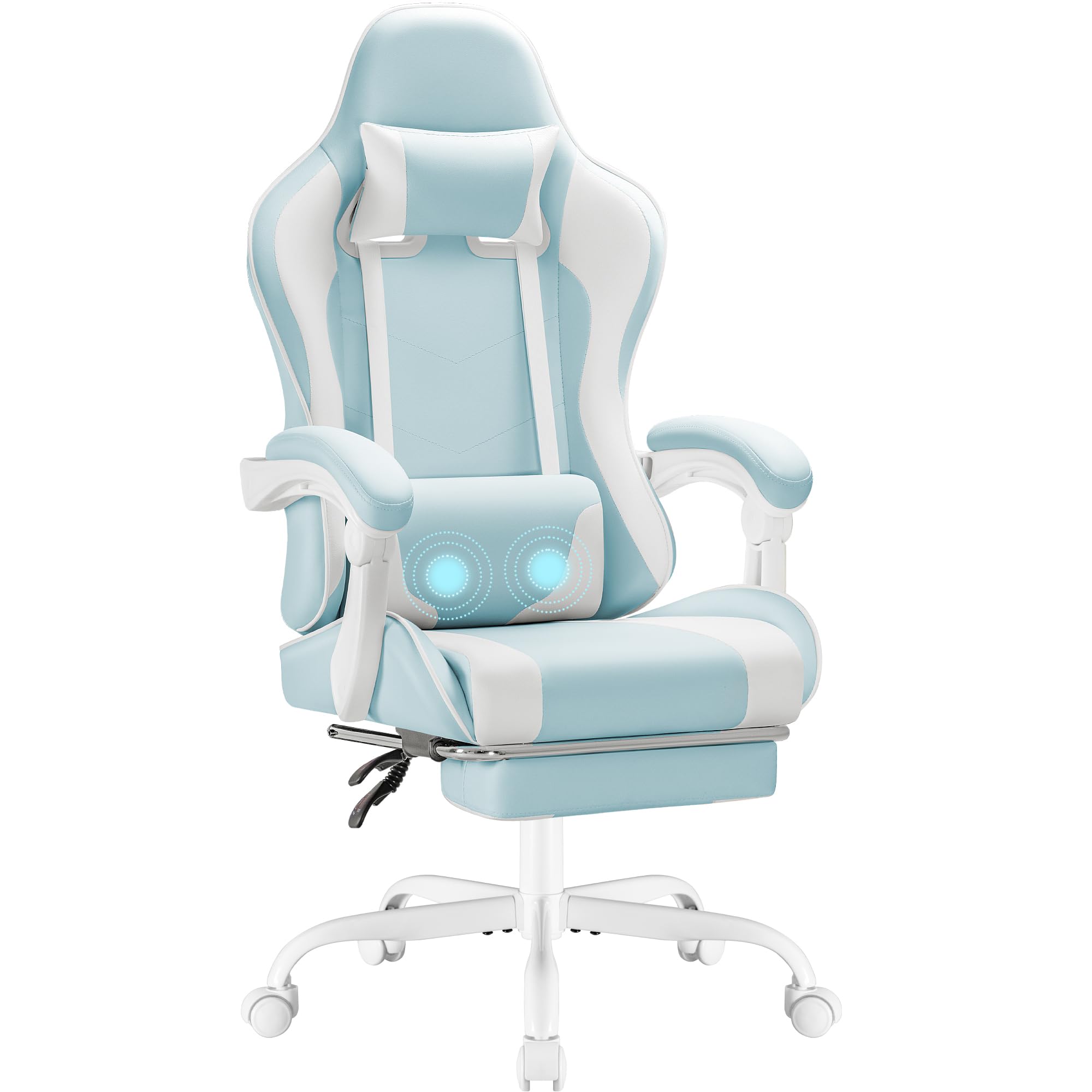 Gaming Chair, Video Game Chair with Footrest and Massage Lumbar Support, Ergonomic Computer Chair Height Adjustable with Swivel Seat and Headrest (Light Blue)
