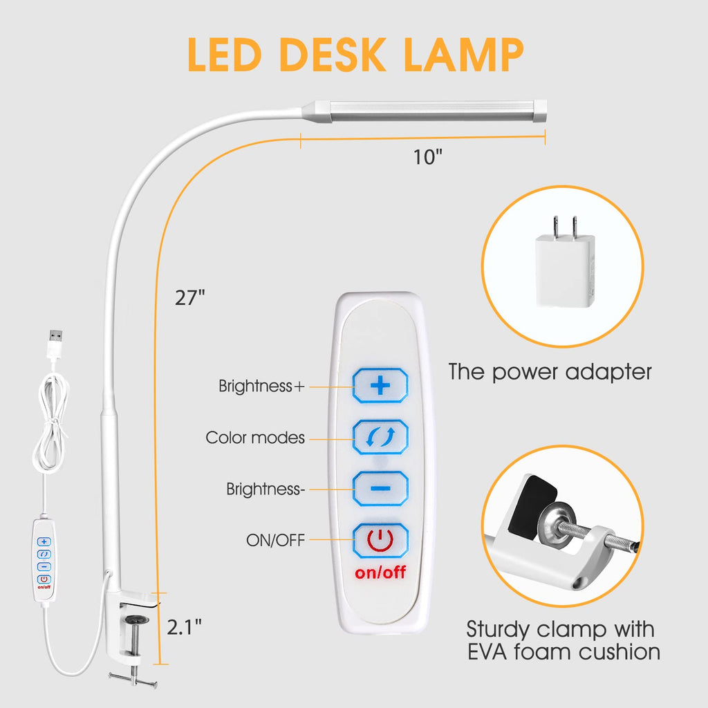 LED Desk Lamp with Clamp, Eye-Caring Clip on Lights for Home Office, 3 Modes 10 Brightness, Long Flexible Goose-Neck, Metal, Swing Arm Architect Task Table Lamps with USB Adapter, White