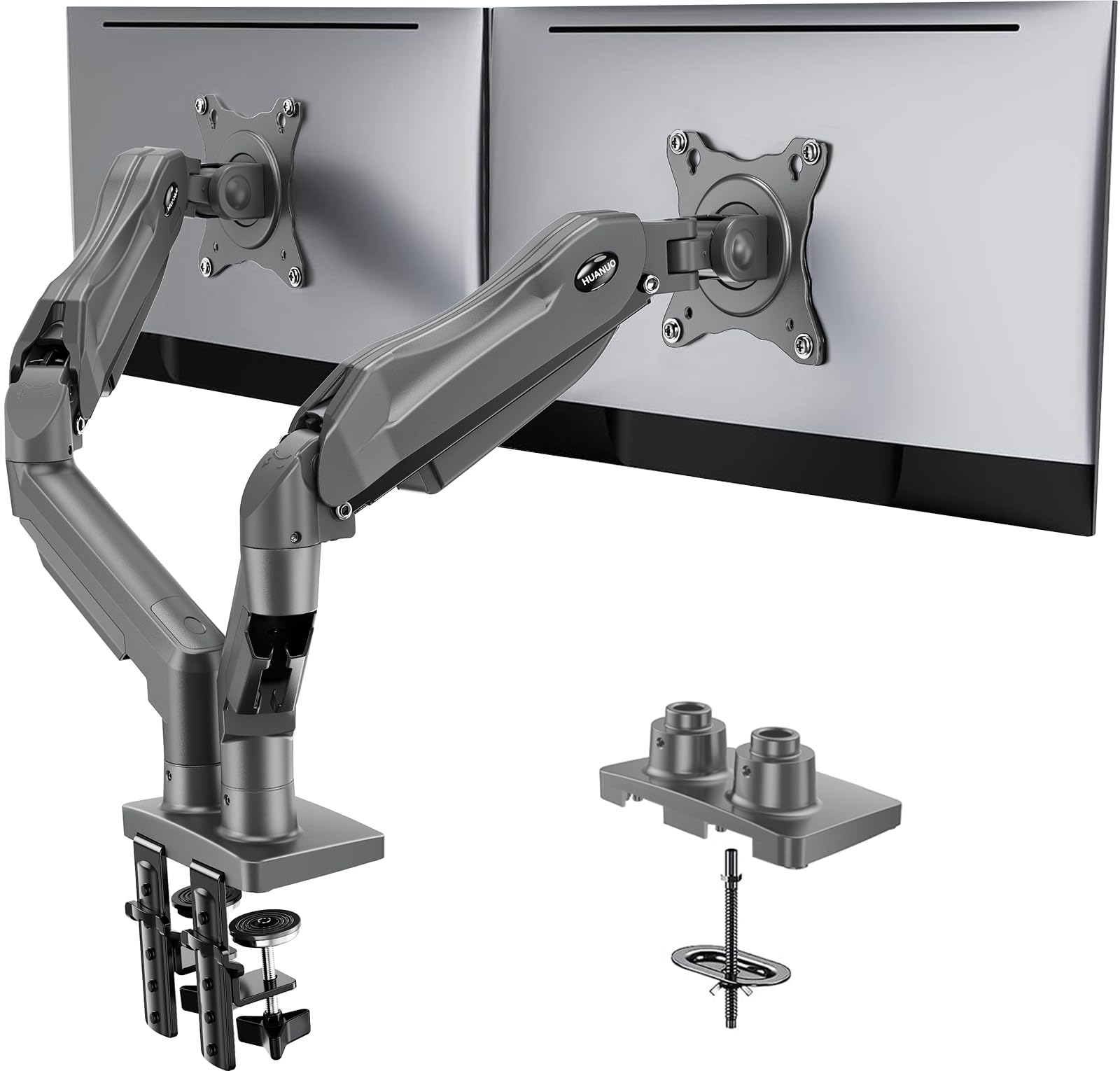 Dual Monitor Stand, Fully Adjustable Monitor Desk Mount for 13–32″ Computer Screens, Full Motion VESA 75x75/100x100 with C-Clamp & Grommet Base, Each Arm Holds 4.4 to 19.8 lbs -Grey