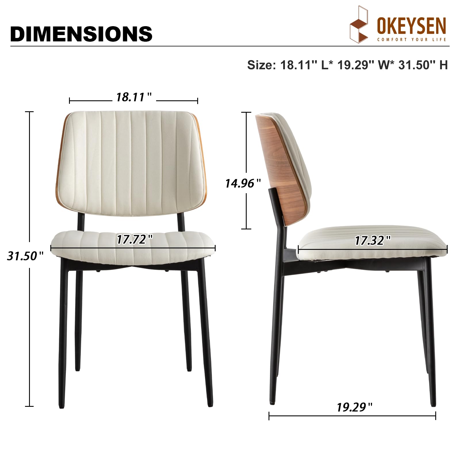 Fabric Dining Chairs Set of 2, Mid Century Modern Dining Chairs with Bentwood Backrest and Upholster Seat,Armless Kitchen Chairs with Metal Legs Adjustable Foot for Dining Room(Grey Bentwood)