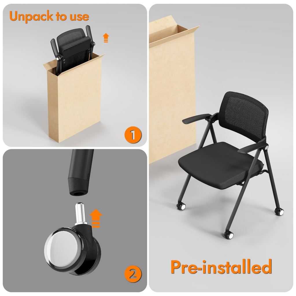 Stackable & Foldable Office Chair Set of 2, Folding Desk Chair with Flip-Up Armrest, Breathable Mesh, Thick Seat Cushion & Rocking Backrest, Conference Room Chair with Wheel (Black)