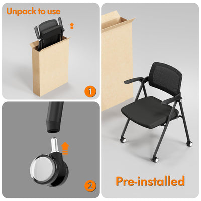 Stackable & Foldable Office Chair Set of 2, Folding Desk Chair with Flip-Up Armrest, Breathable Mesh, Thick Seat Cushion & Rocking Backrest, Conference Room Chair with Wheel (Black)