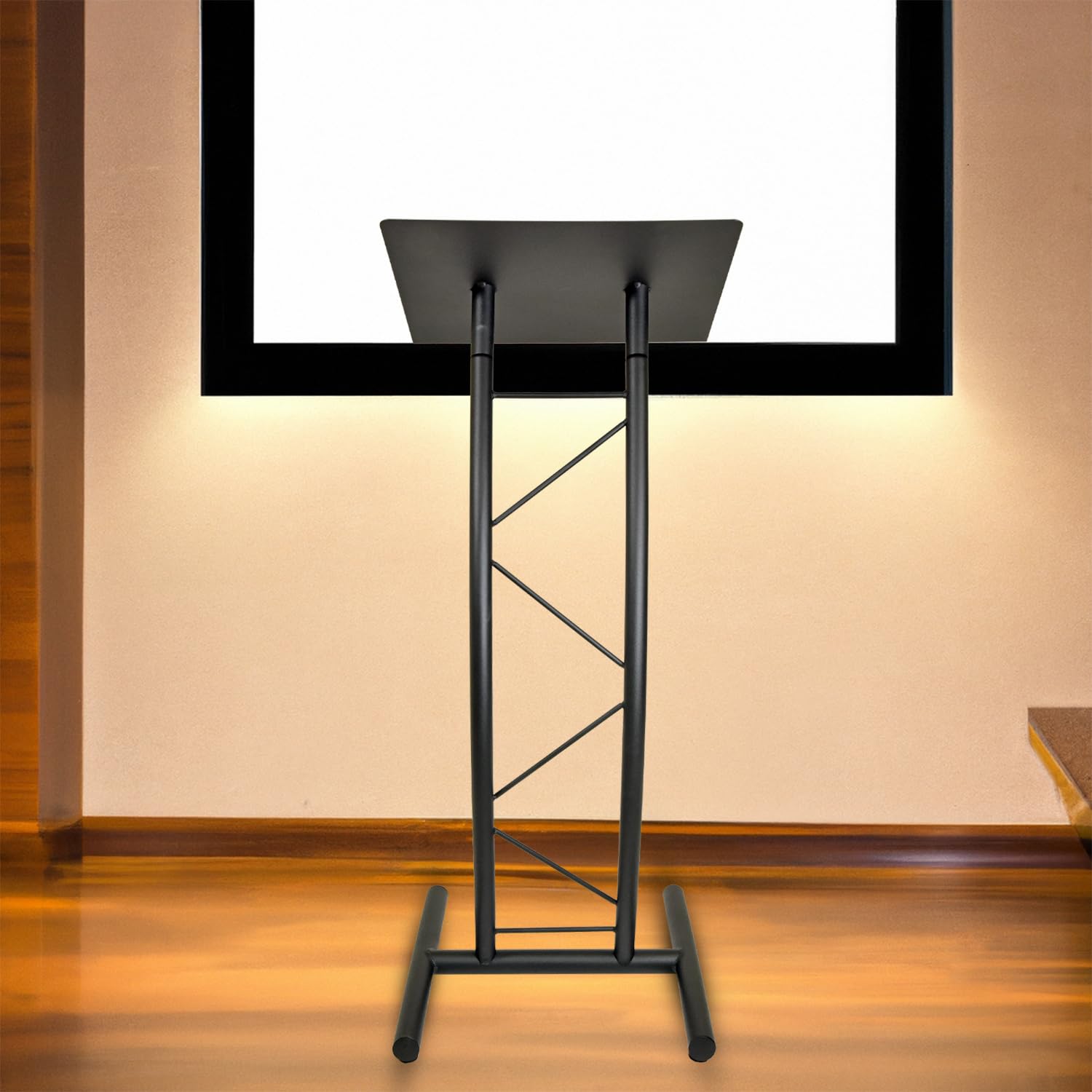 All Metal-Constructed Curved Lectern with “H” Style Base, Stand up Church Pulpit, Slanted Lectern, Conference Podium for Speakers, Speeches, Other Occasions, Powder Coat Finish Black