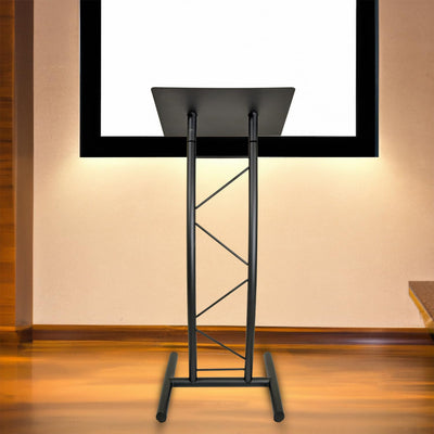 All Metal-Constructed Curved Lectern with “H” Style Base, Stand up Church Pulpit, Slanted Lectern, Conference Podium for Speakers, Speeches, Other Occasions, Powder Coat Finish Black