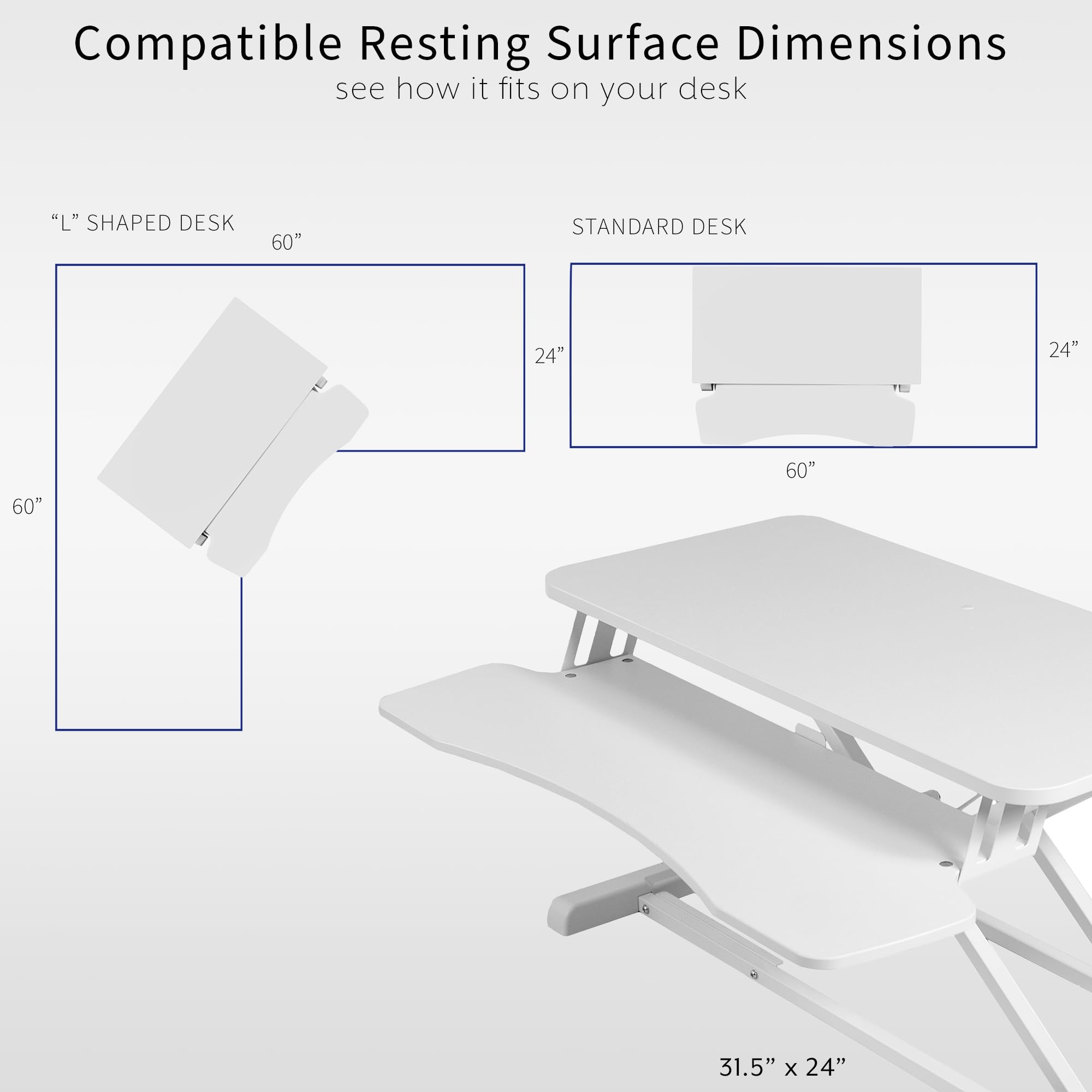 32 inch Desk Converter, K Series, Height Adjustable Sit to Stand Riser, Dual Monitor and Laptop Workstation with Wide Keyboard Tray, White, DESK-V000KW
