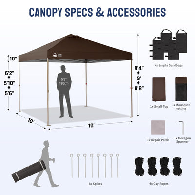 Gazebo 10x10, Pop Up Gazebo with Mosquito Netting, Screen Tent with 4 Ropes, 8 Stakes, 4 Sandbags and Wheeled Storage Bag, Canopy for Patio & Backyard, Coffee