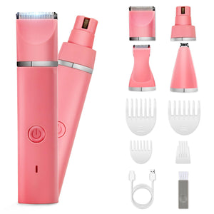 Dog Grooming Clippers Kit-Electric Rechargeable Cat Trimmer Tools-Cordless Quiet Pet Nail Paw Grinder-4 in 1 Multifunctional Low Noise Shaver-Razor for feet Face Ears Toenail Eye（Pink）