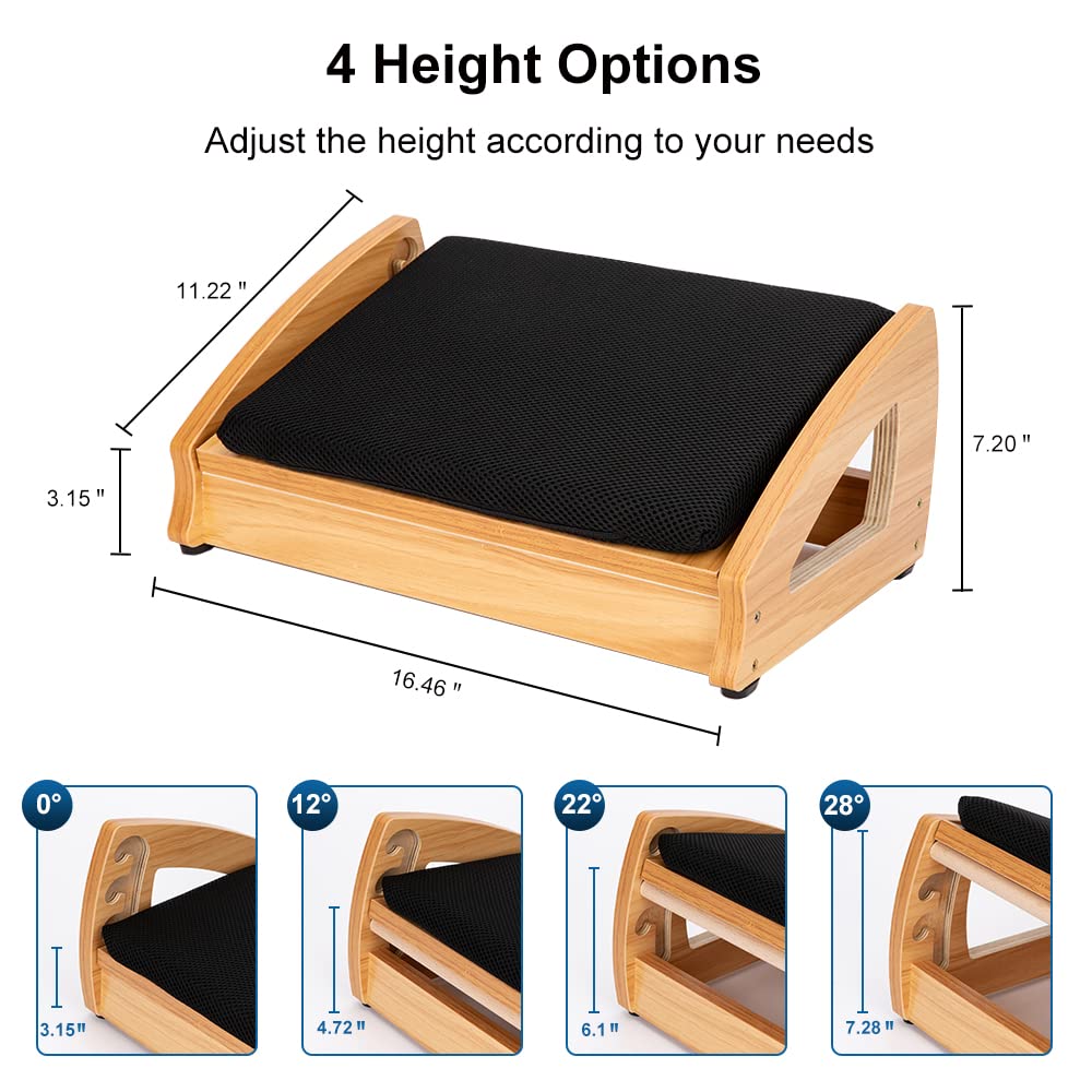 Wood Ergonomic Footrest - 4-Angle Adjustable Foot Stool for Desk, Office Footrest, Anti-Slip Foot Stand for Under Desk, Enhances Posture, Promotes Blood Circulation, Easy Assembly (Natural)
