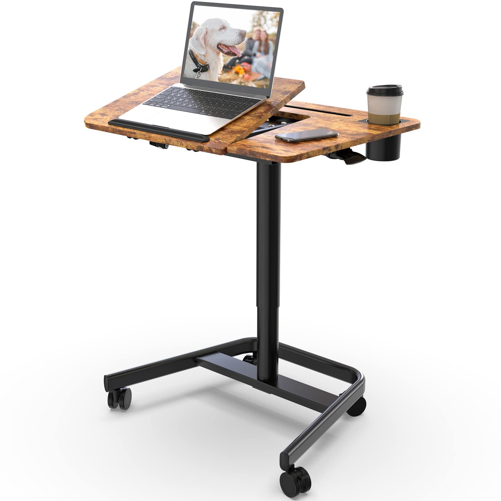 Mobile Standing Desk, Height Adjustable Table, 60° Tiltable Rolling Laptop Desk, Portable Sit Stand Desk with Wheels Cup Holder for Bed Couch Hospital, Holds Up to 22lbs, Rustic
