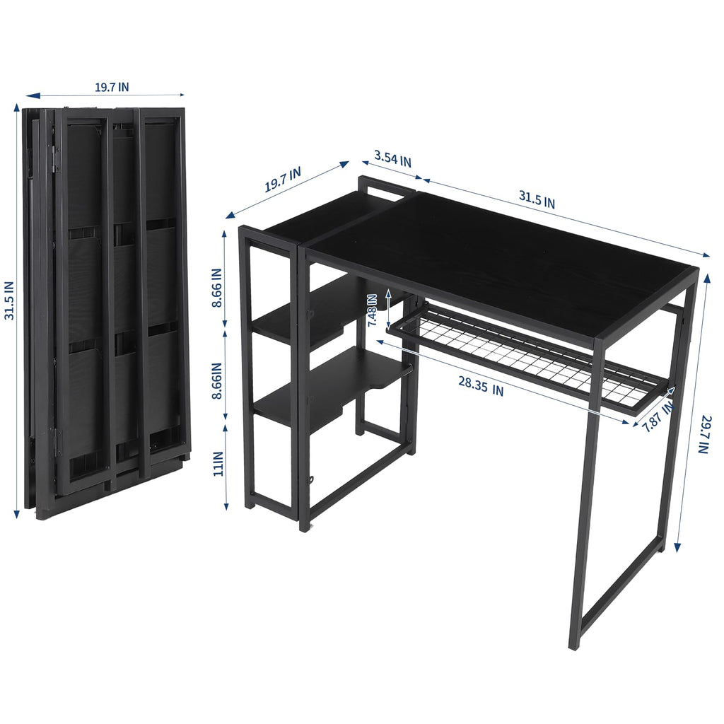 35 inch Folding Desk Writing Computer Desk with Storage Shelf,Spaces Saving Writing Sturdy Table No Assembly,for for Bedroom, Home Office, Dorm, Apartment, Black