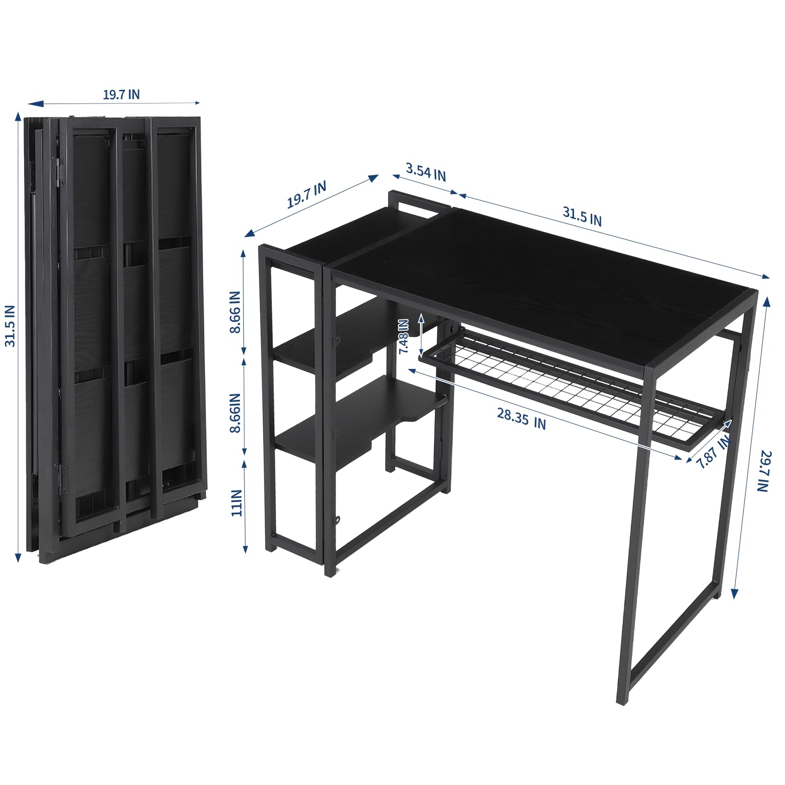 35 inch Folding Desk Writing Computer Desk with Storage Shelf,Spaces Saving Writing Sturdy Table No Assembly,for for Bedroom, Home Office, Dorm, Apartment, Black