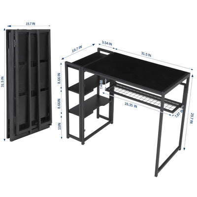 35 inch Folding Desk Writing Computer Desk with Storage Shelf,Spaces Saving Writing Sturdy Table No Assembly,for for Bedroom, Home Office, Dorm, Apartment, Black
