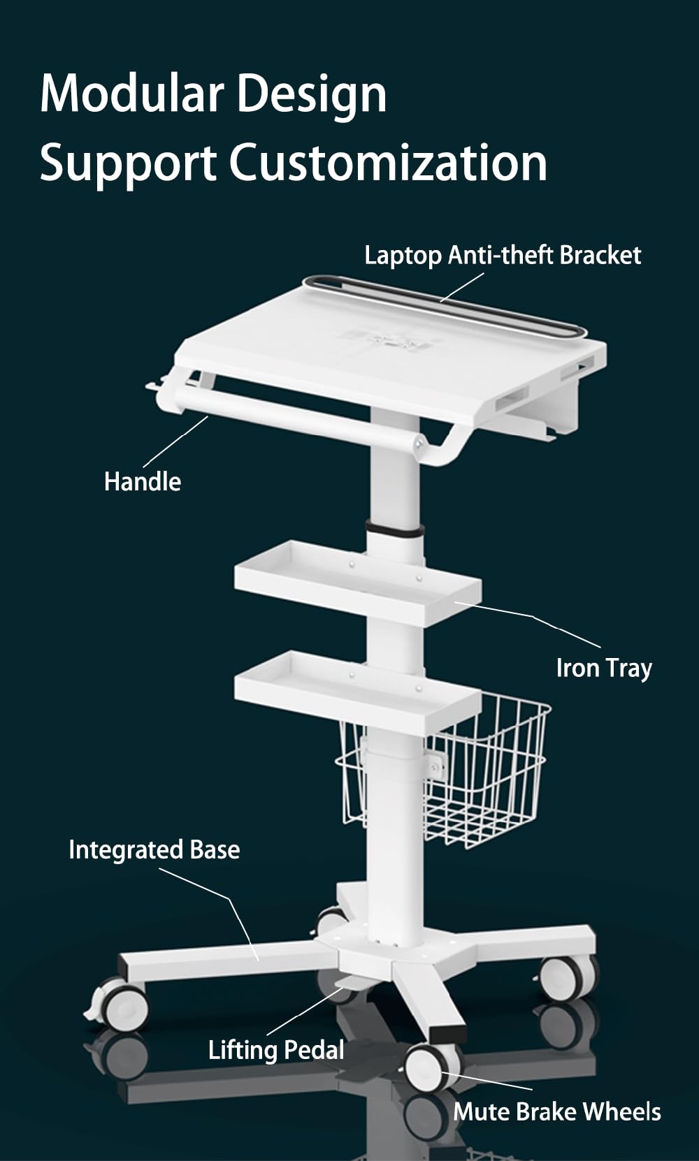 MB-C07 Height Adjustable, Anti-Theft, Anti-Slip Medical Laptop Workstation Trolley Cart With Wheels, Oral Scanner Holder, Basket Storage,