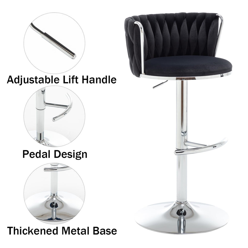 Velvet Bar Stools Set of 2, Swivel Counter Height Bar Stools with Back, Adjustable Woven Barstools for Kitchen Island, Pub, Club (Black)