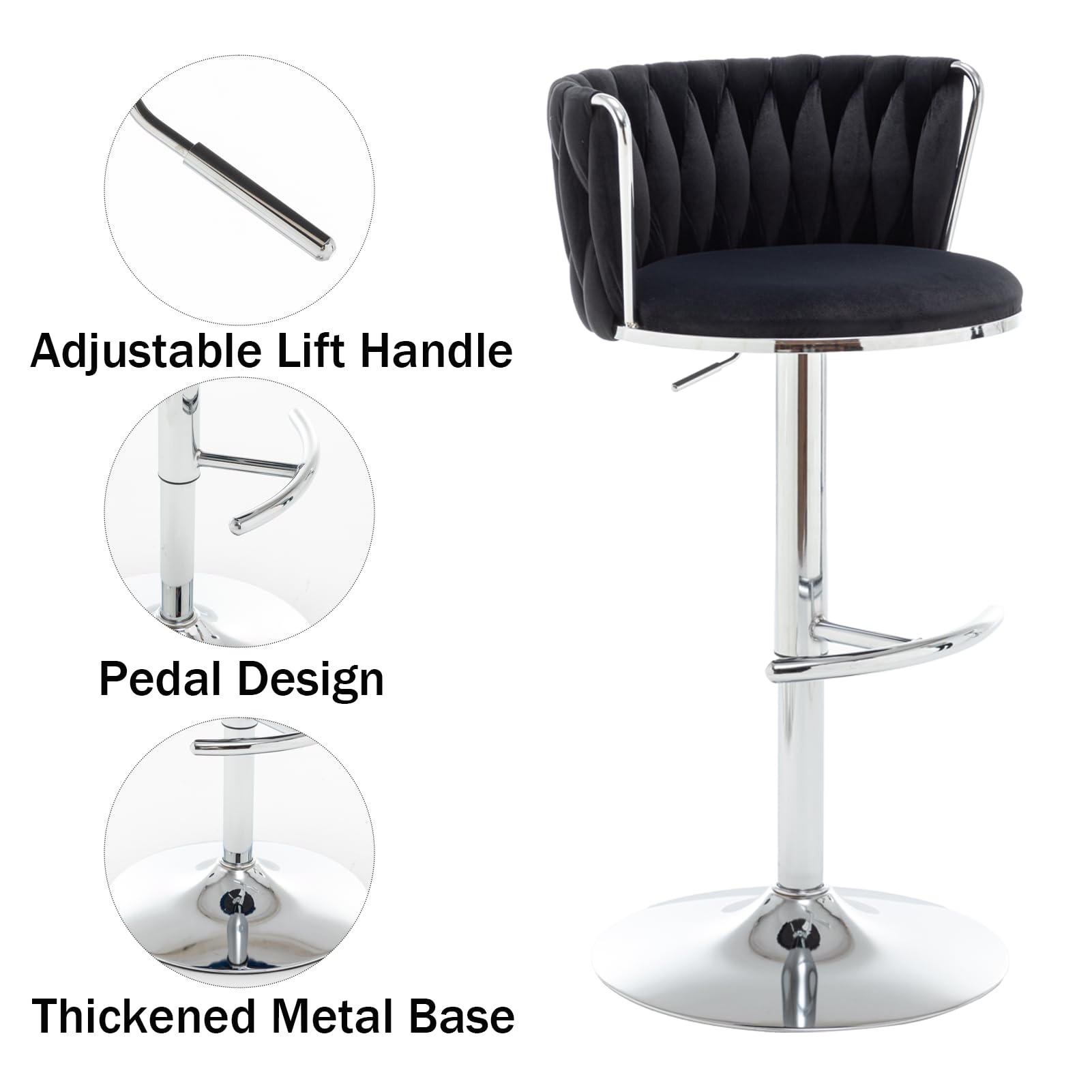 Velvet Bar Stools Set of 2, Swivel Counter Height Bar Stools with Back, Adjustable Woven Barstools for Kitchen Island, Pub, Club (Black)