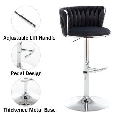 Velvet Bar Stools Set of 3, Swivel Counter Height Bar Stools with Back, Adjustable Woven Barstools for Kitchen Island, Pub, Club (Black)