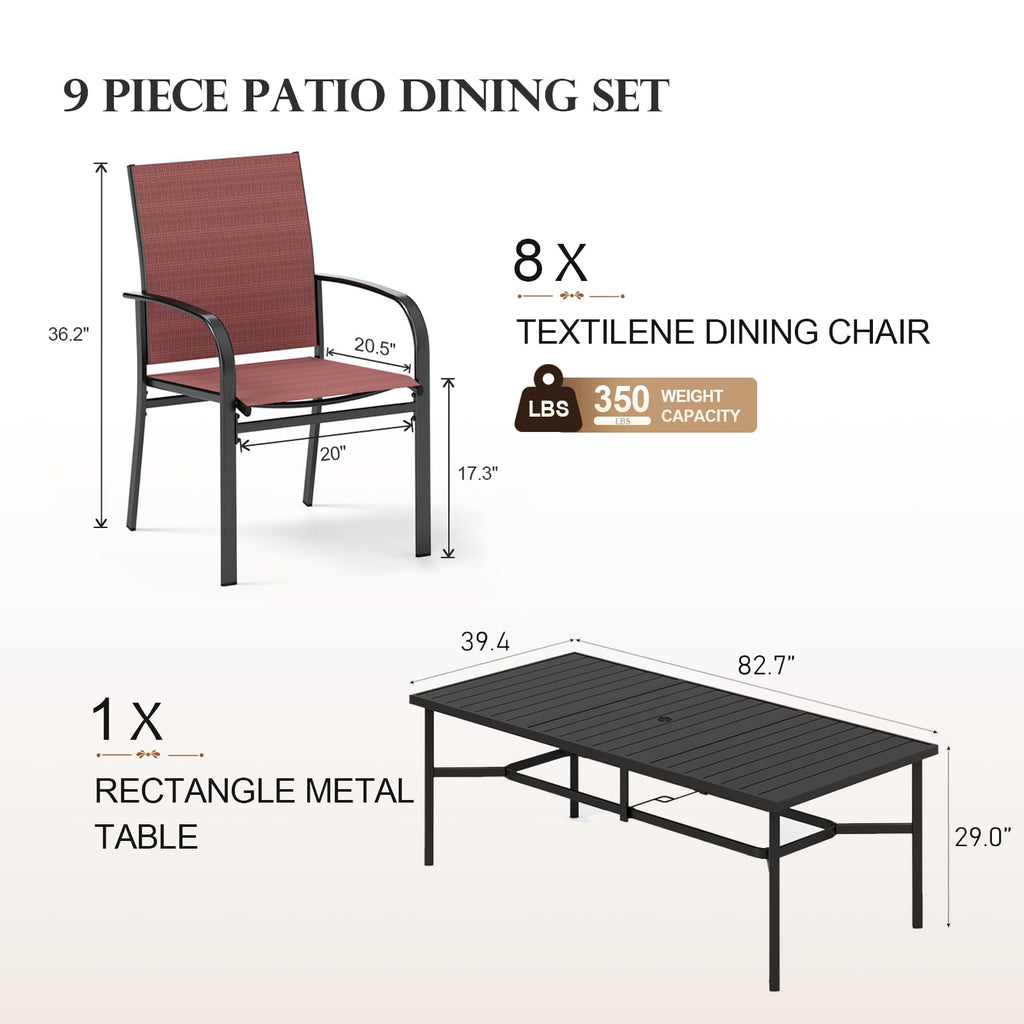 9 Pieces Patio Dining Set, 8 Red Textilene Patio Chairs and 83" Large Rectangle Dining Table, Outdoor Table and Chairs Set for Lawn Garden Backyard Deck