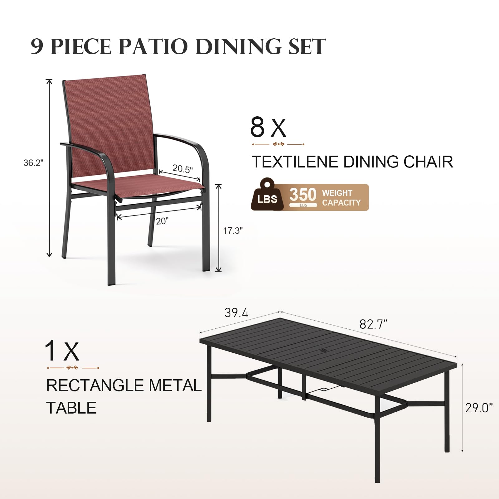 9 Pieces Patio Dining Set, 8 Red Textilene Patio Chairs and 83" Large Rectangle Dining Table, Outdoor Table and Chairs Set for Lawn Garden Backyard Deck