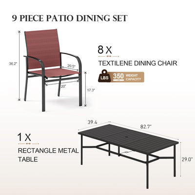 9 Pieces Patio Dining Set, 8 Red Textilene Patio Chairs and 83