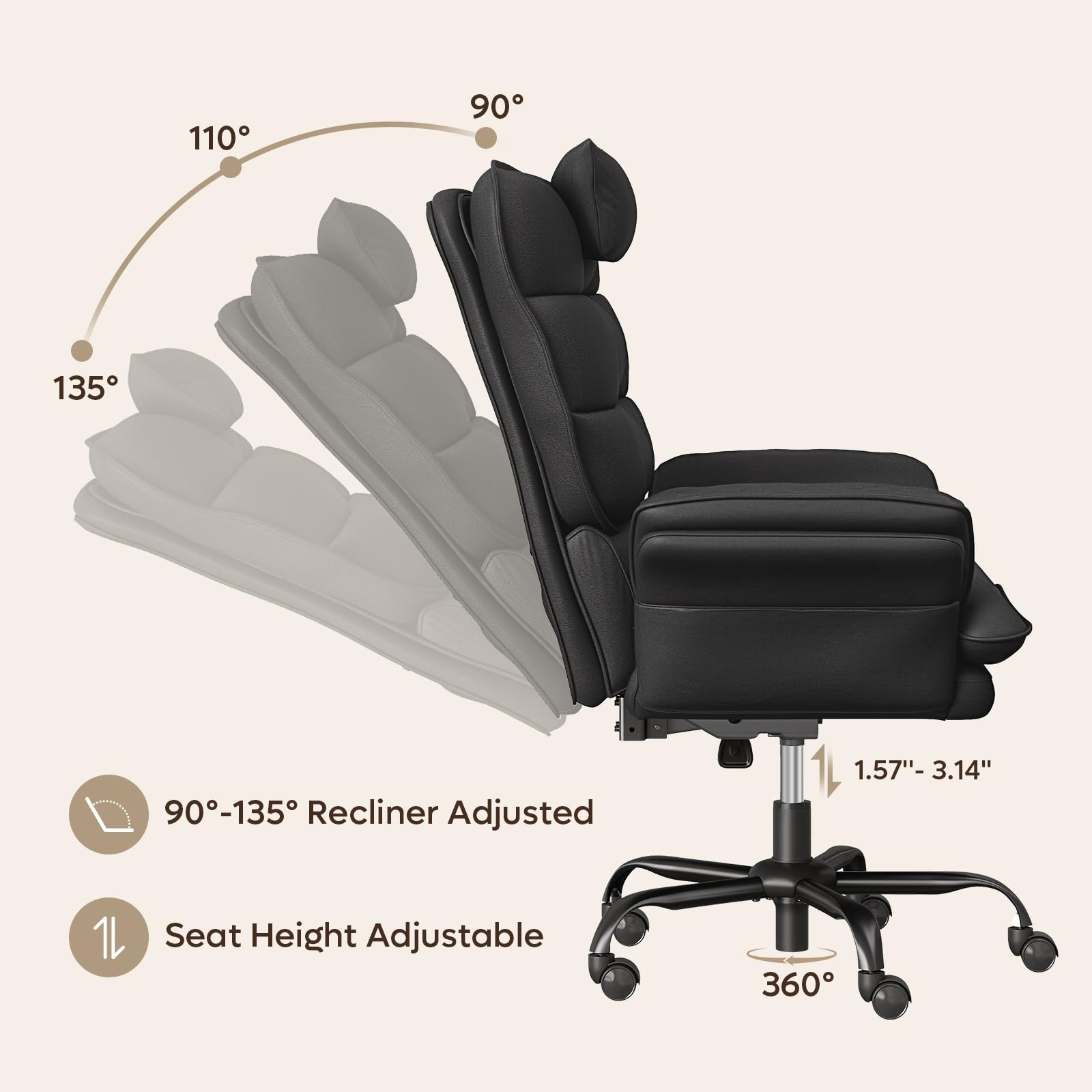 Cross Legged Office Chair Criss Cross Chair with Adjustable Arms 135° Reclining PU Leather Executive Chair with Wheels Big and Tall Computer Desk Chair for Home Office Black