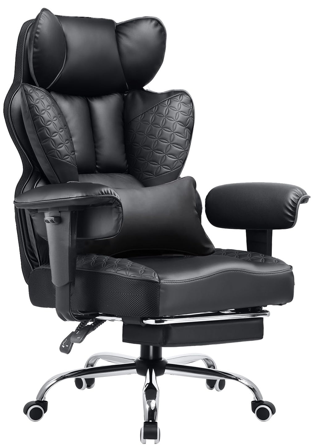 Big and Tall Office Chair Heavy Duty Wide Ergonomic Gaming Chair with Deluxe Embossing Designed Leather with Foot Rest,150°Reclining Adjustable Armrests Pocket Spring Back Support and Pillow