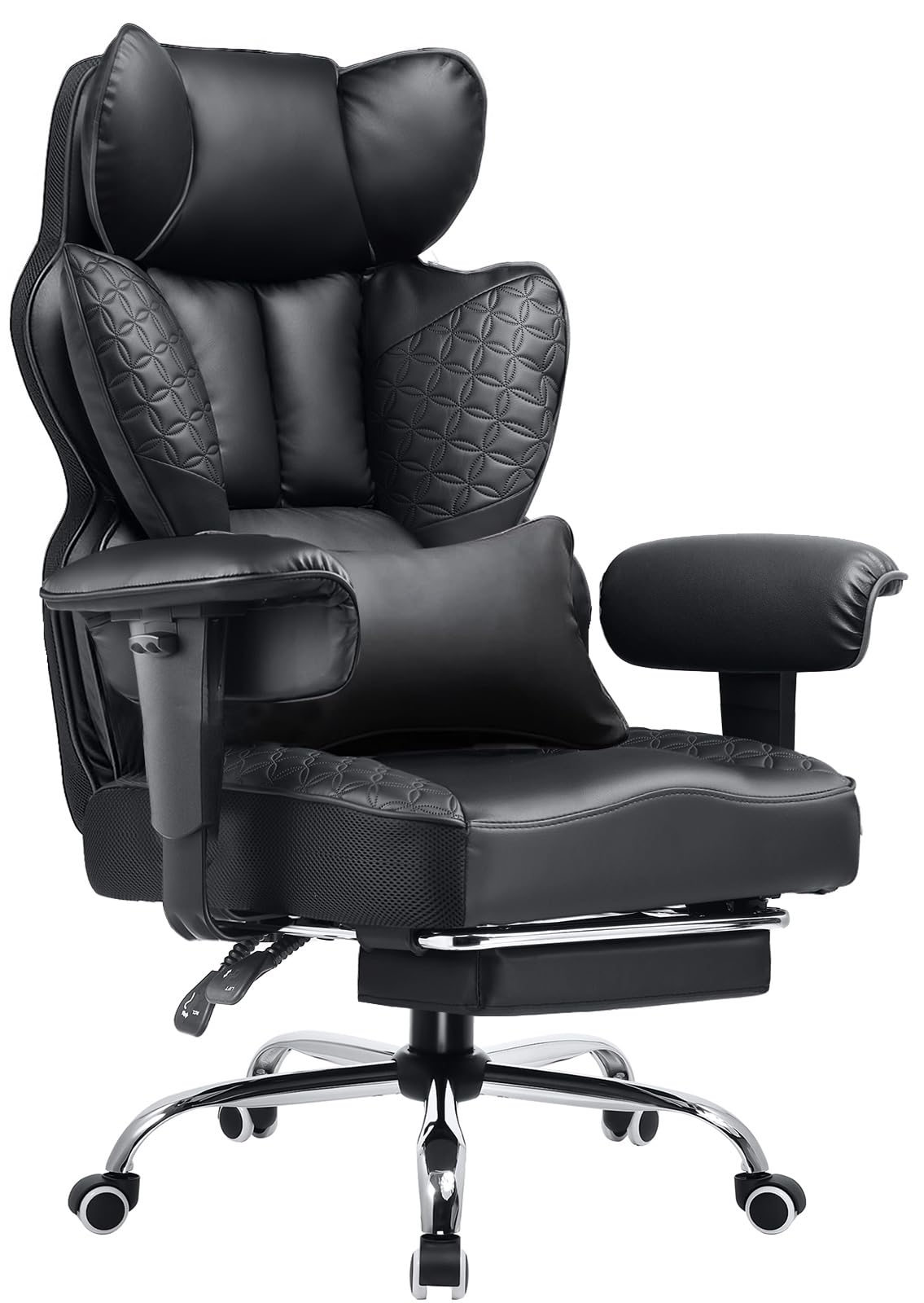 Big and Tall Office Chair Heavy Duty Wide Ergonomic Gaming Chair with Deluxe Embossing Designed Leather with Foot Rest,150°Reclining Adjustable Armrests Pocket Spring Back Support and Pillow