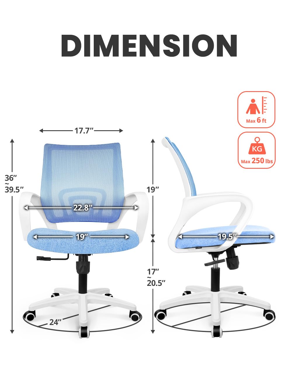 Office Desk Computer Chair Ergonomic Mesh Gaming Cushion Seat with Comfy Lumbar Mid Back Support Adjustable Height Swivel Rolling Wheels for Home Task (Sky Blue)
