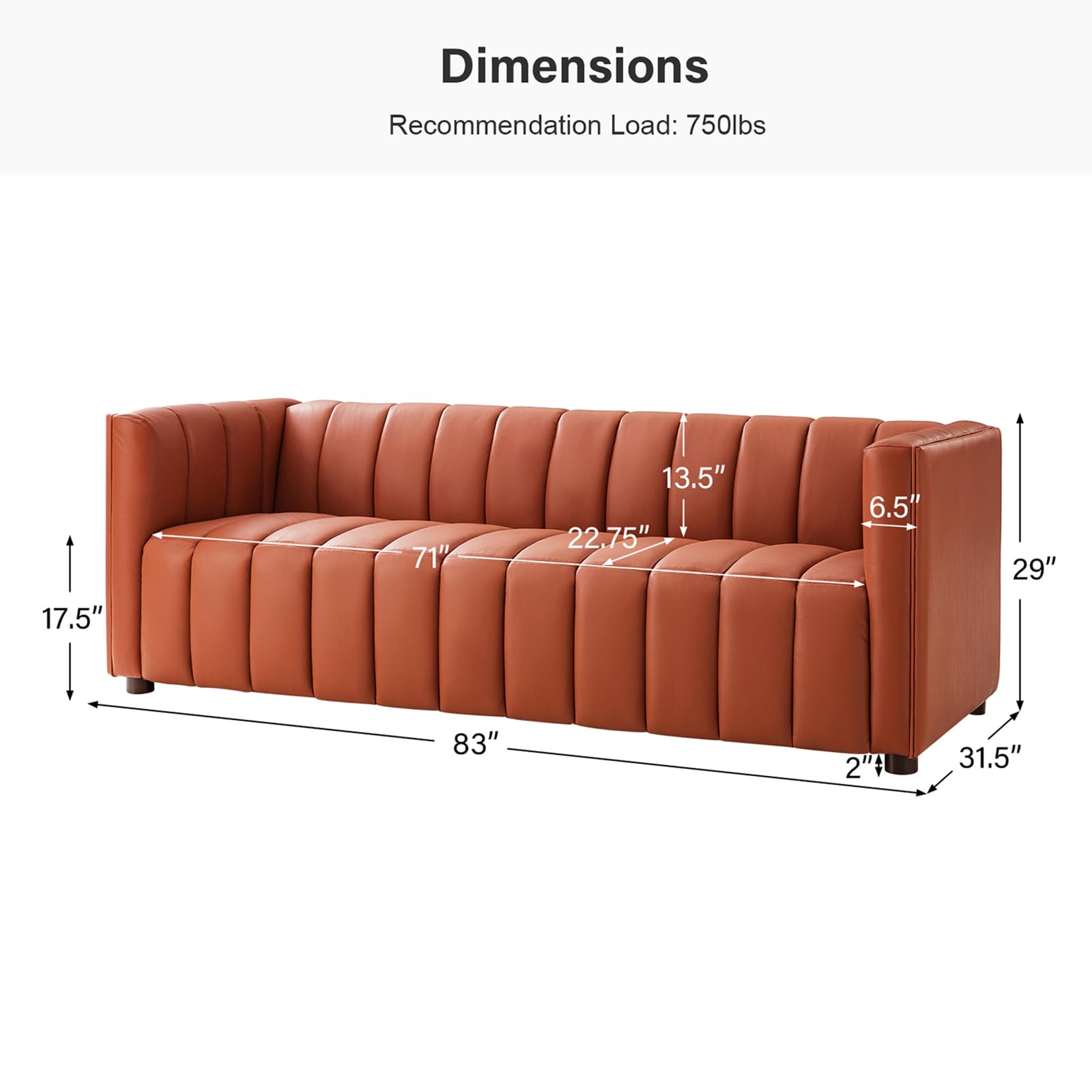 83" Genuine Leather Sofa with Channel Tufted Design, 3-Seater Sofa for Living Room Bedroom, Modern Oversized Couch with Wood Legs, Brick